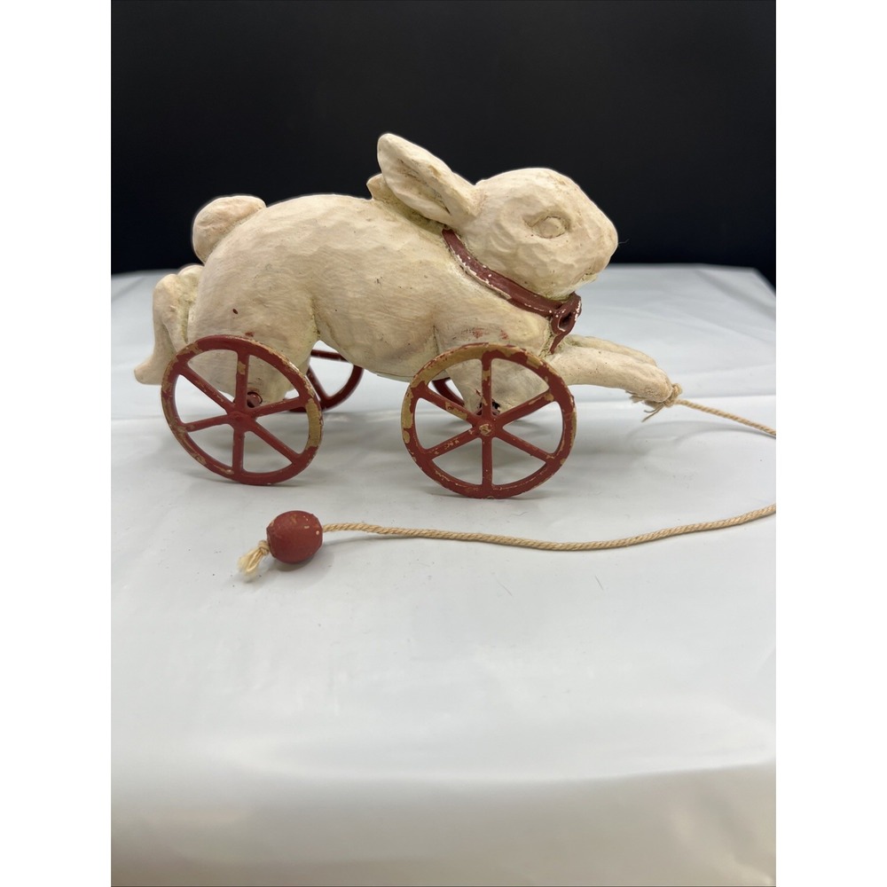 Foreside Gorham Maine Primitive Style Rabbit on Wheels Pull Toy Decor Figurine